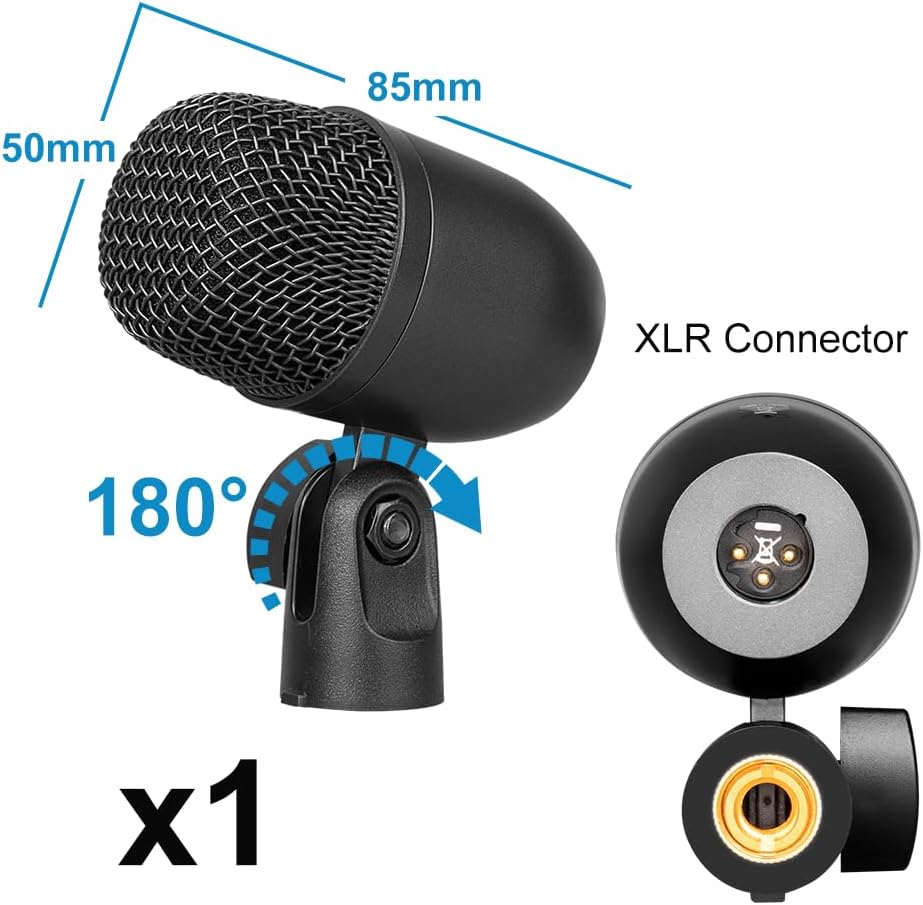 Depusheng 5-Piece Wired Dynamic Drum Mic Kit (Whole Metal) Kick Bass, Tom/Snare & Cymbals Microphone-Use for Drums, Vocal, Other Instrument Complete with Thread Clip 7 On Stage Audio Cables