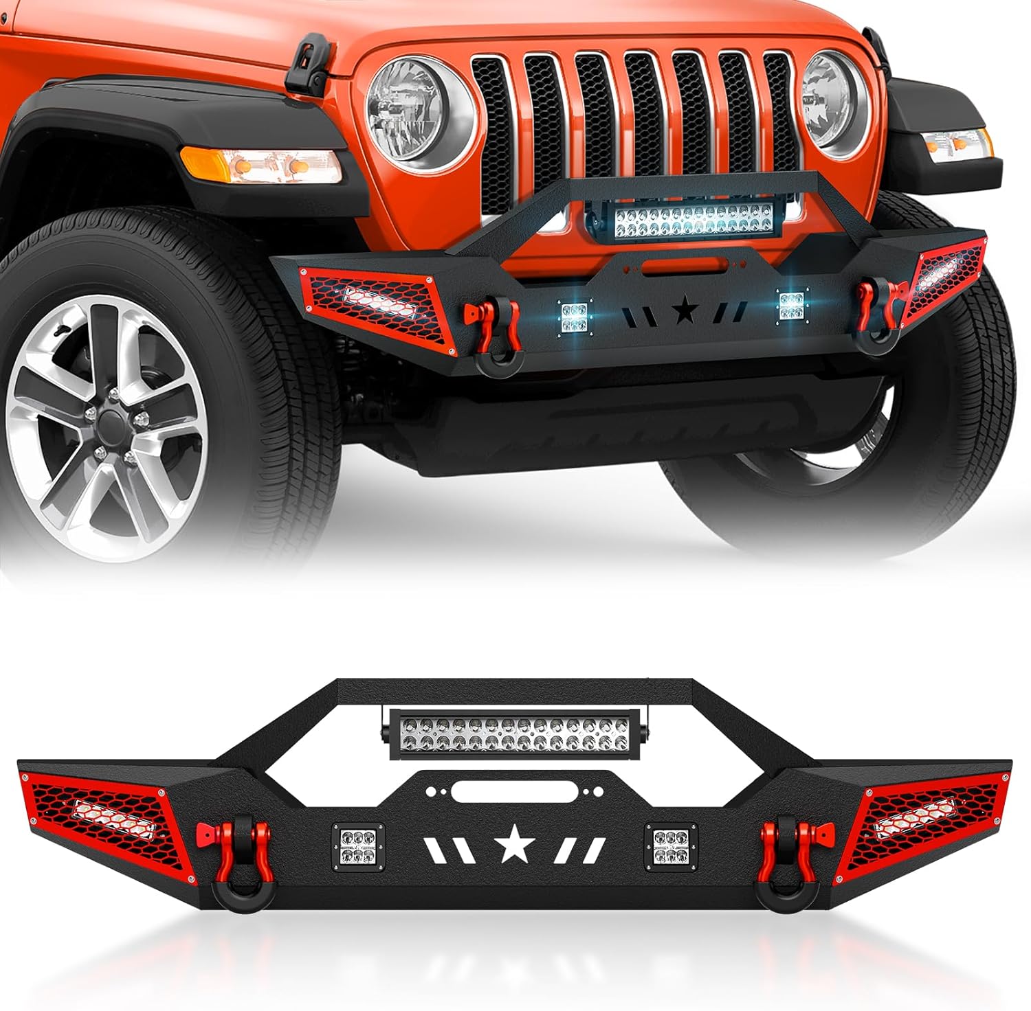 SUORTO for Wrangler JL JLU Front Bumper Compatible with 2018-2026 Jeep Wrangler JL JLU Unlimited Off-road Bumper w/Winch Plate, Paintable Armor, 5 x LED Lights, D-rings (2/4 Doors, Black)