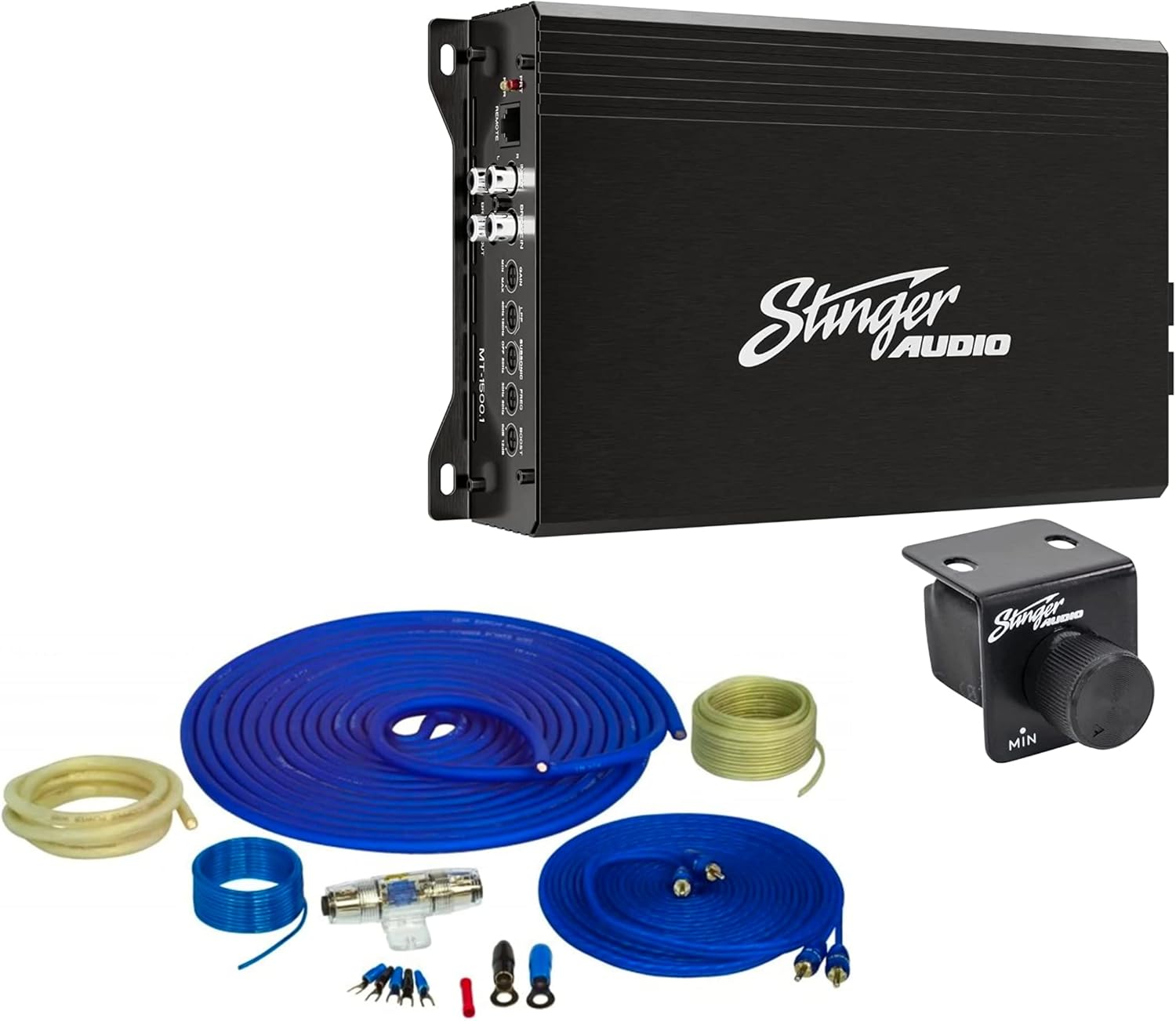 STINGER Audio 1500 Watt Monoblock Car Audio Amplifer with Bass Remote, Bridgeable, Class D 1-Channel Car Amplifier, Mosfet Power Supply, High/Low-Level Input, with 4 Gauge Wiring Kit