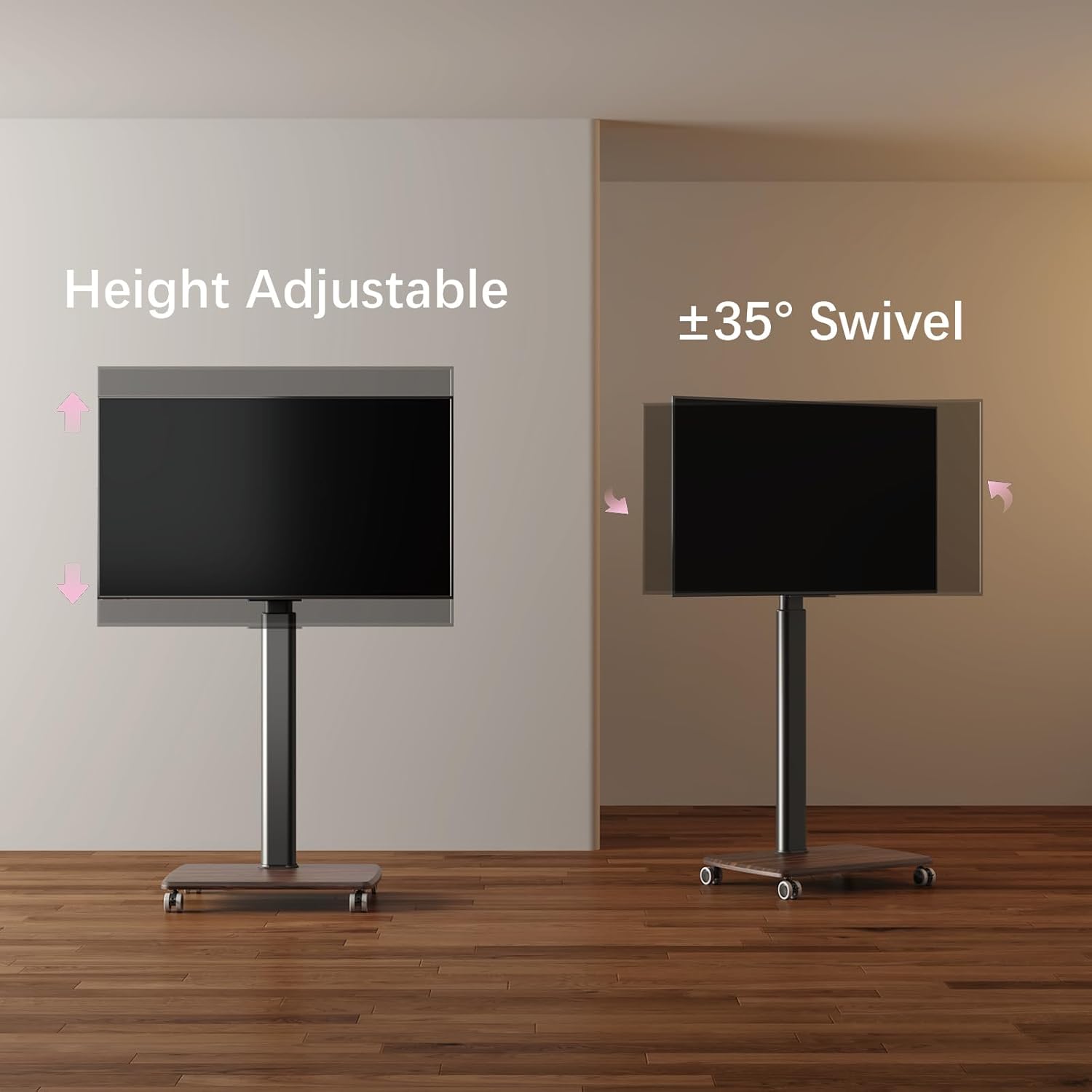 Black Rolling TV Stand for 32 to 55 65 75 85 Inch TVs, Corner TV Floor Stand with Mount, Universal Portable Mobile TV Cart on Wheels, Small TV Stand for Bedroom, Living Room, Conference Room