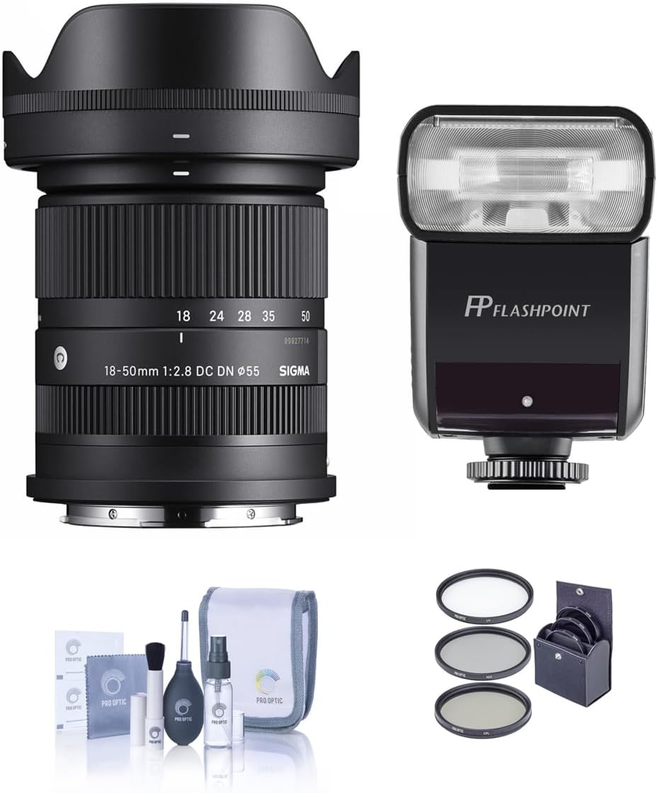 Sigma 18-50mm f/2.8 DC DN Contemporary Lens for Sony E, Bundle with Flashpoint Zoom-Mini TTL R2 Flash, 55mm Filter Kit, Cleaning Kit