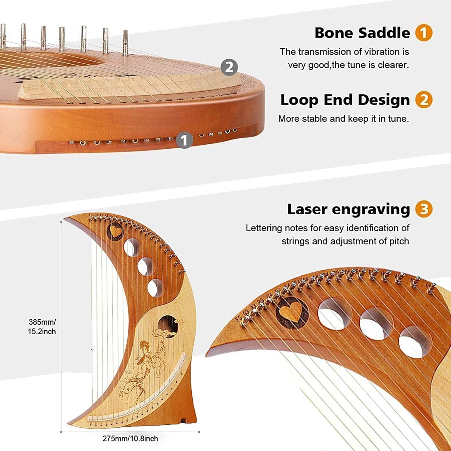 19 Strings Crescent Moon Lyre Harp for Beginners, Mahogany Lye Harp with Durable Bag, Tuning Wrench, Strings Music Instrument