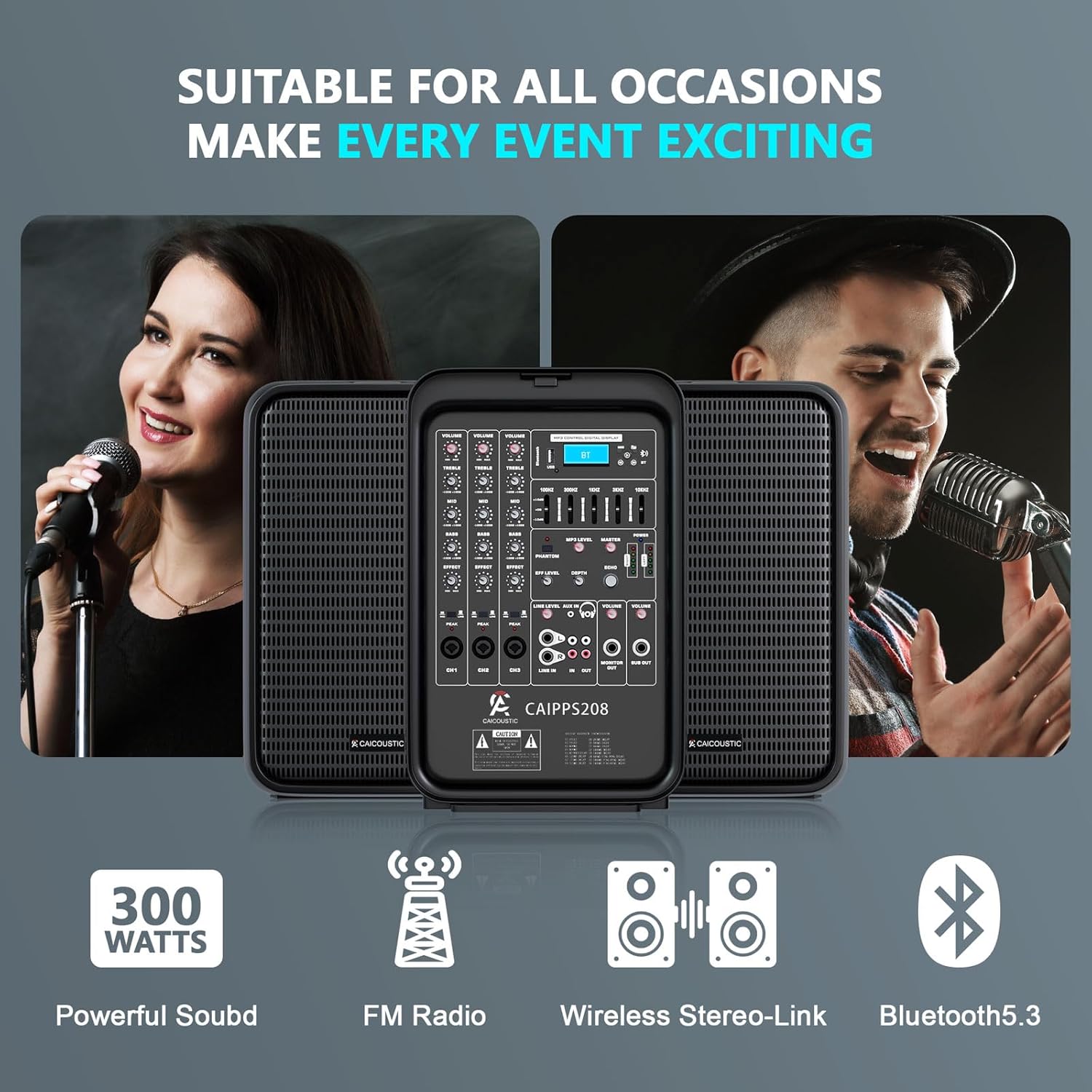 All-in-One 2-Way PA Speaker System DJ Mixer Bundle,300W 8-Channel Mixer Bluetooth, Amplifier Kit with 8