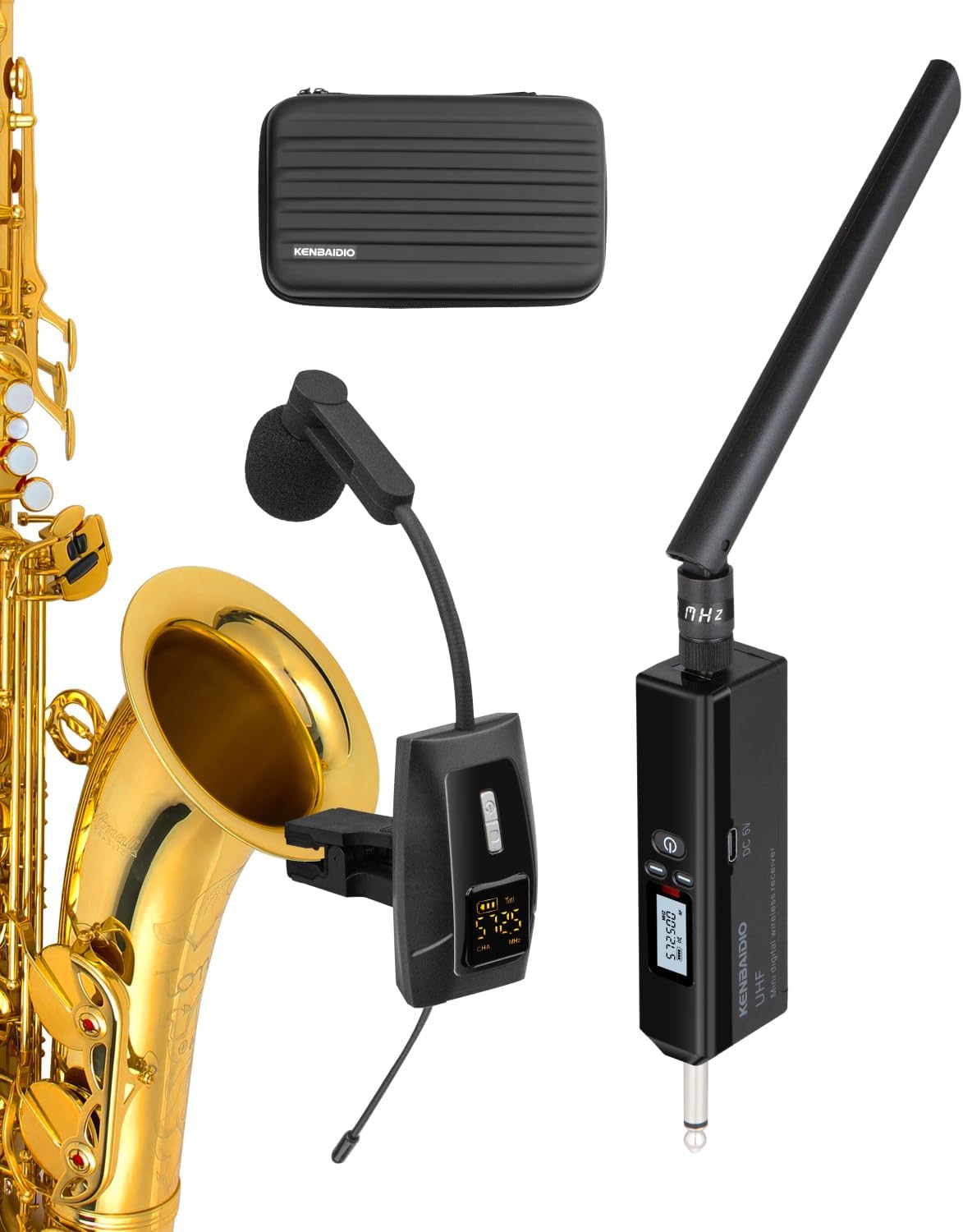 Saxophone Microphone, UHF Rechargeable Wireless Instruments Microphone System with Transmitter and Receiver 196ft Range, Clip on Condenser Mic for Trumpet, Trombone, Saxofon, Most Brass Instruments