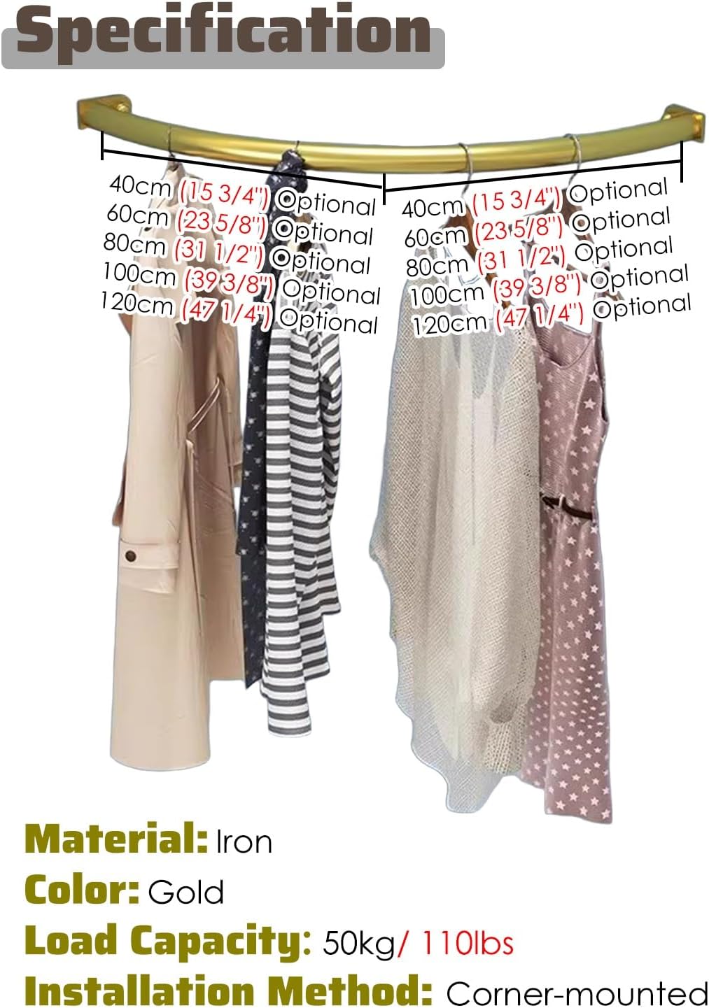 Closet Rod Curved Corner Wardrobe Rod Pipe Support, Saving Space Cloakroom Bathroom Clothes Hanging Bar Organizer(Gold,100x100cm (39.4x39.4