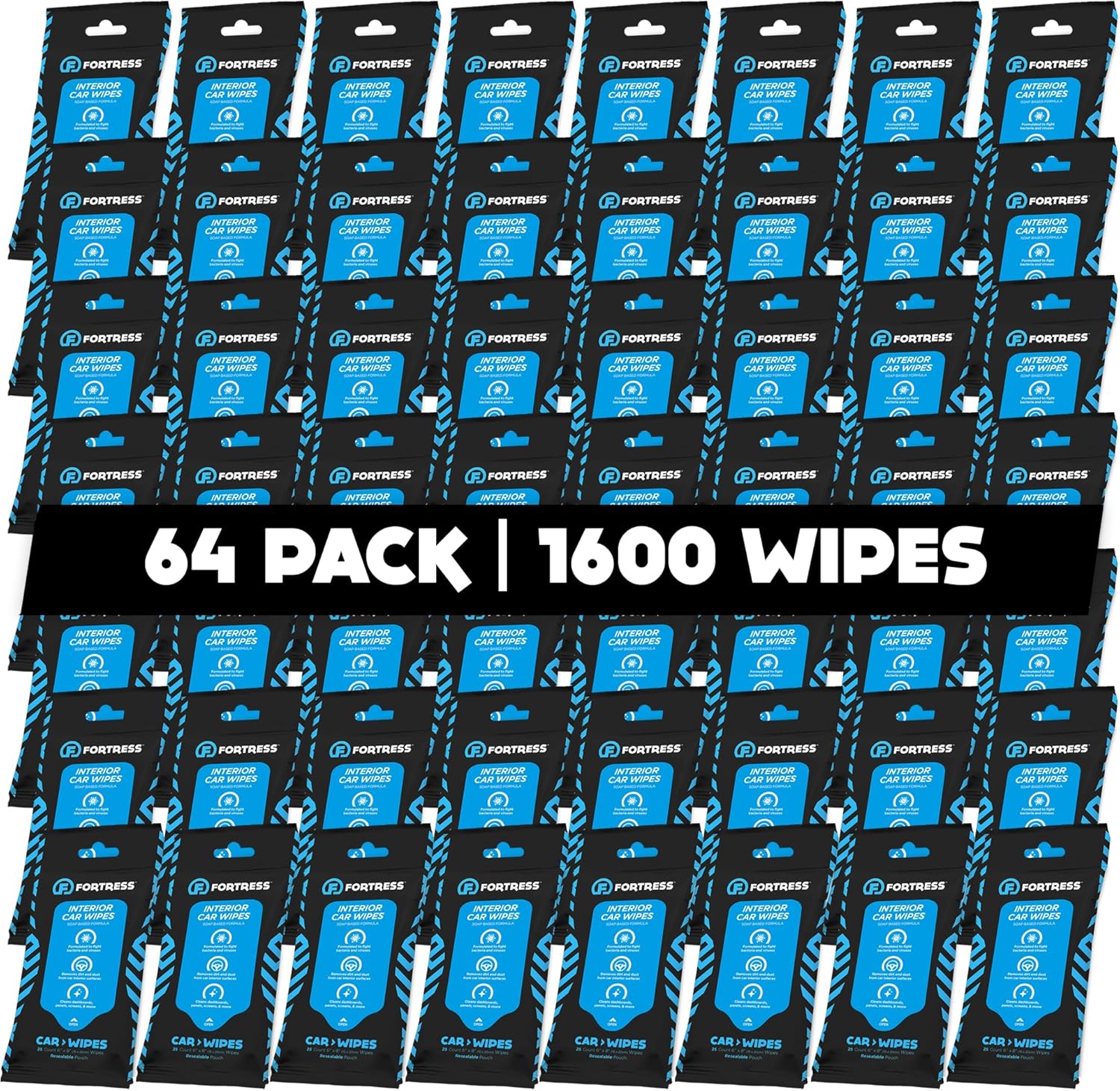 Fortress Car Interior Wipes (25 ct, Pack of 64) for Car Interior Cleaning, Dashboard, Seats, Detailing, and Steering Wheel [Travel Size] Skin-Safe Car Interior Cleaner Supplies