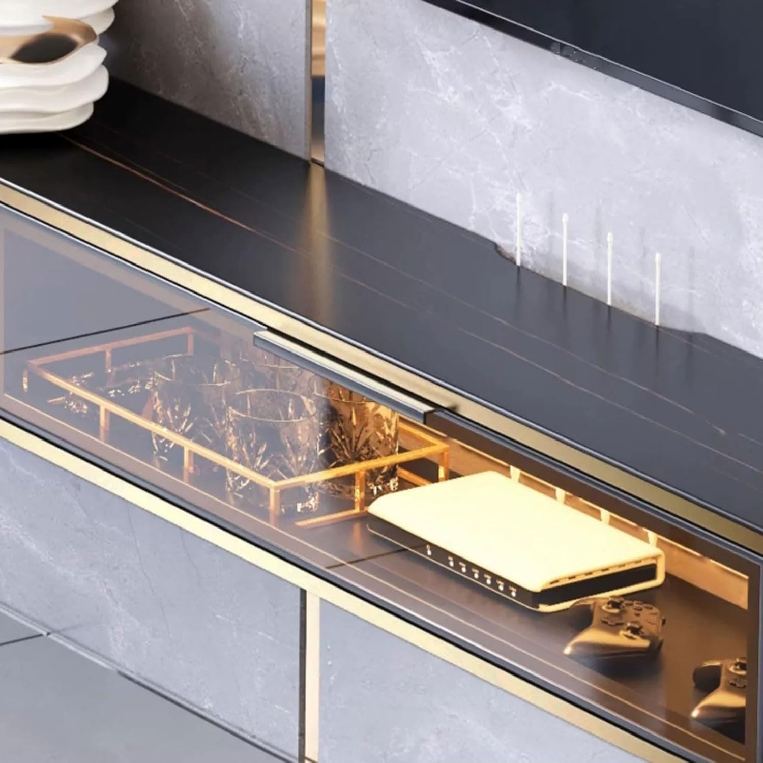 Console Floating TV Shelf for Under Wood Stand with Slate Tabletop Wall Mount Media Console with Storage Large Capacity Storage(Small)