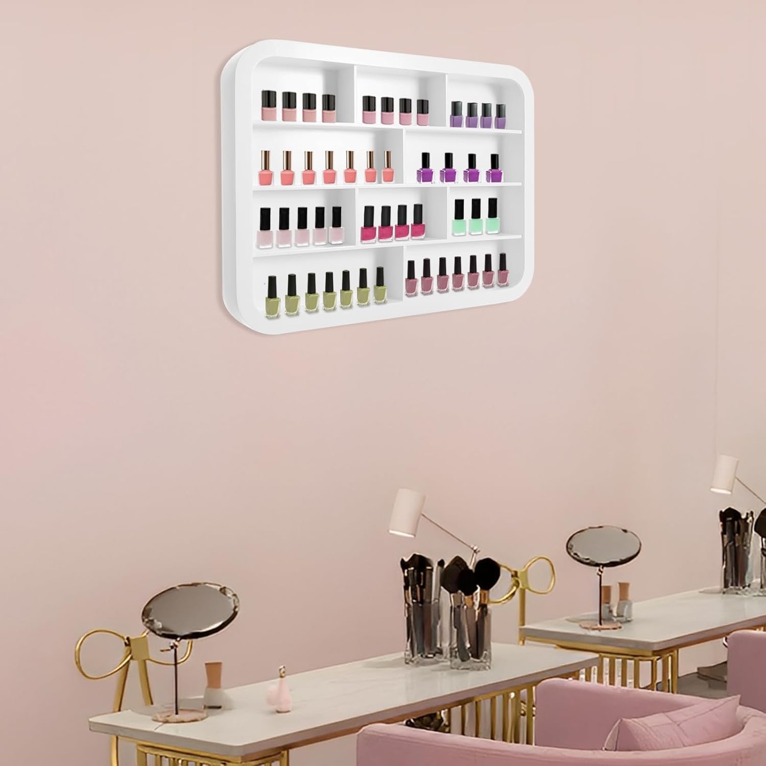 Wall Mount Beauty Nail Polish Display Rack, 4-Tier Beauty Hanging Salon Display Rack for Home, 31.5x23.62 in White Figure Ornament Nail Storage Systems for Spa Home Beauty Studios (80CM)