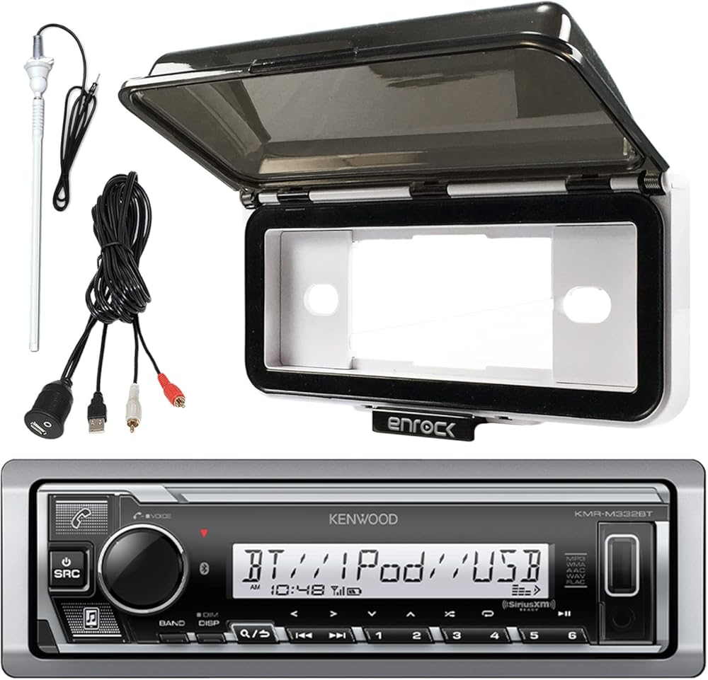 Single DIN In-Dash Marine Boat Audio Bluetooth USB Receiver Bundle Combo With White Waterproof Protective Cover Bundle Combo With Enrock USB/AUX To RCA Interface Mount Cable + Radio Antenna