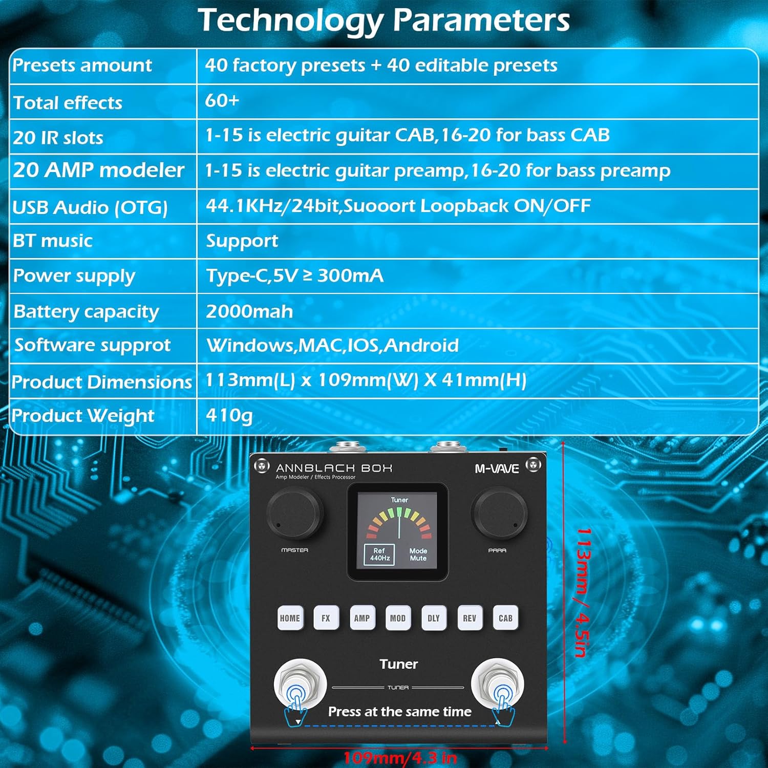 M-VAVE ANN Black Pedal Box Multi Effects Guitar Base Pedal - 80 Editable Presets With APP Create Your Paremeters Build in Battery