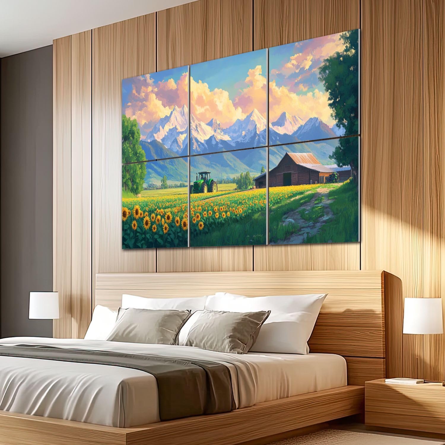 6 Pack Art Acoustic Panels Sound Absorbing Rural Scenery Sunflowers Farmhouse Tractor Mountains Clouds Realistic Decorative Soundproof Wall Panels Self Adhesive for Recording Studios Office 72