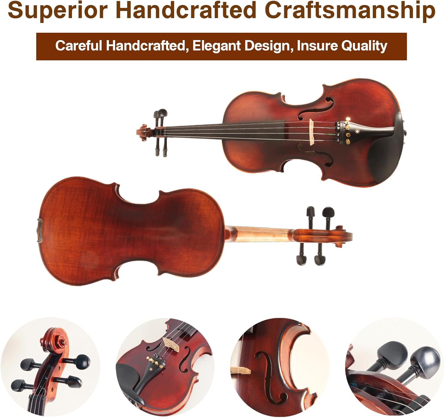 Violin for Beginners, Acoustic Full Size 4/4 Violin Fiddle Starter Kit, Stringed Musical Instrument w/Case, 2 Violin Bows, 2 Bridges, Strings, Rosin, Cleaning Cloth