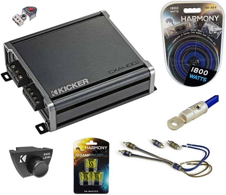 KICKER 46CXA4001 Car Audio Class D Mono 800W Peak Sub Amp, 46CXARC Car CXA CX PXA Amp Bass Remote Control Knob and HA-AK4 Car Stereo Complete 4 Gauge 1800W Amp Install Kit