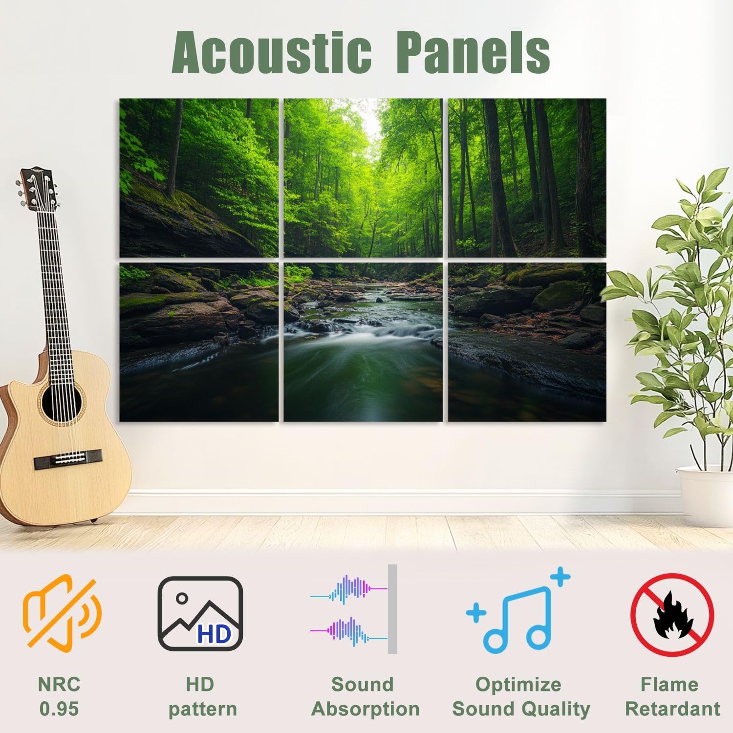 6 Pack Art Acoustic Panels Sound Absorbing River Green Forest Nature Wilderness Modern Rustic Scenic Colorful Decorative Soundproof Wall Panels Self Adhesive for Recording Studios Office 72
