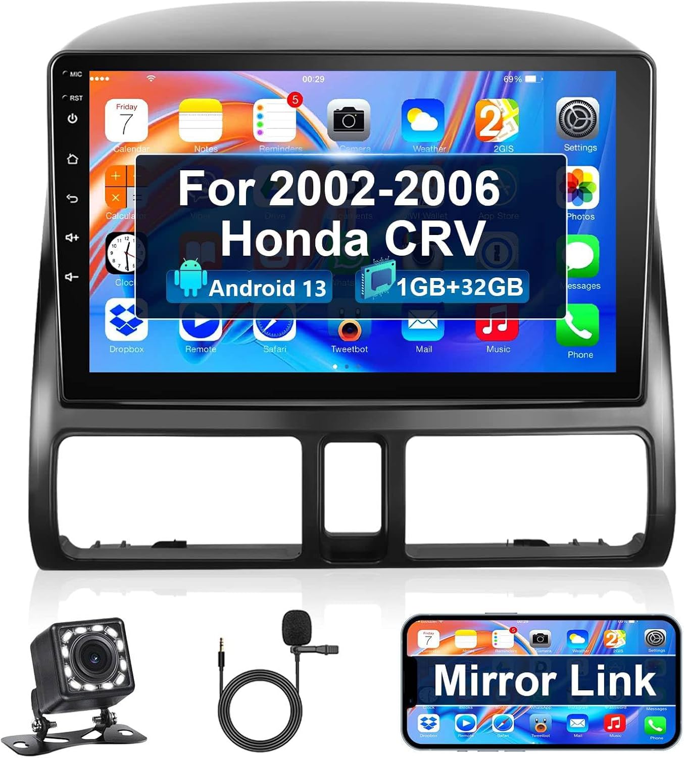 Android Double Din Car Stereo Radio for Honda CRV 2002 2003 2004 2005 2006, 9'' Touch Screen Bluetooth Car Audio Receiver with GPS Navigation Mirror Link WiFi/FM/SWC/HiFi/USB/RDS Backup Camera