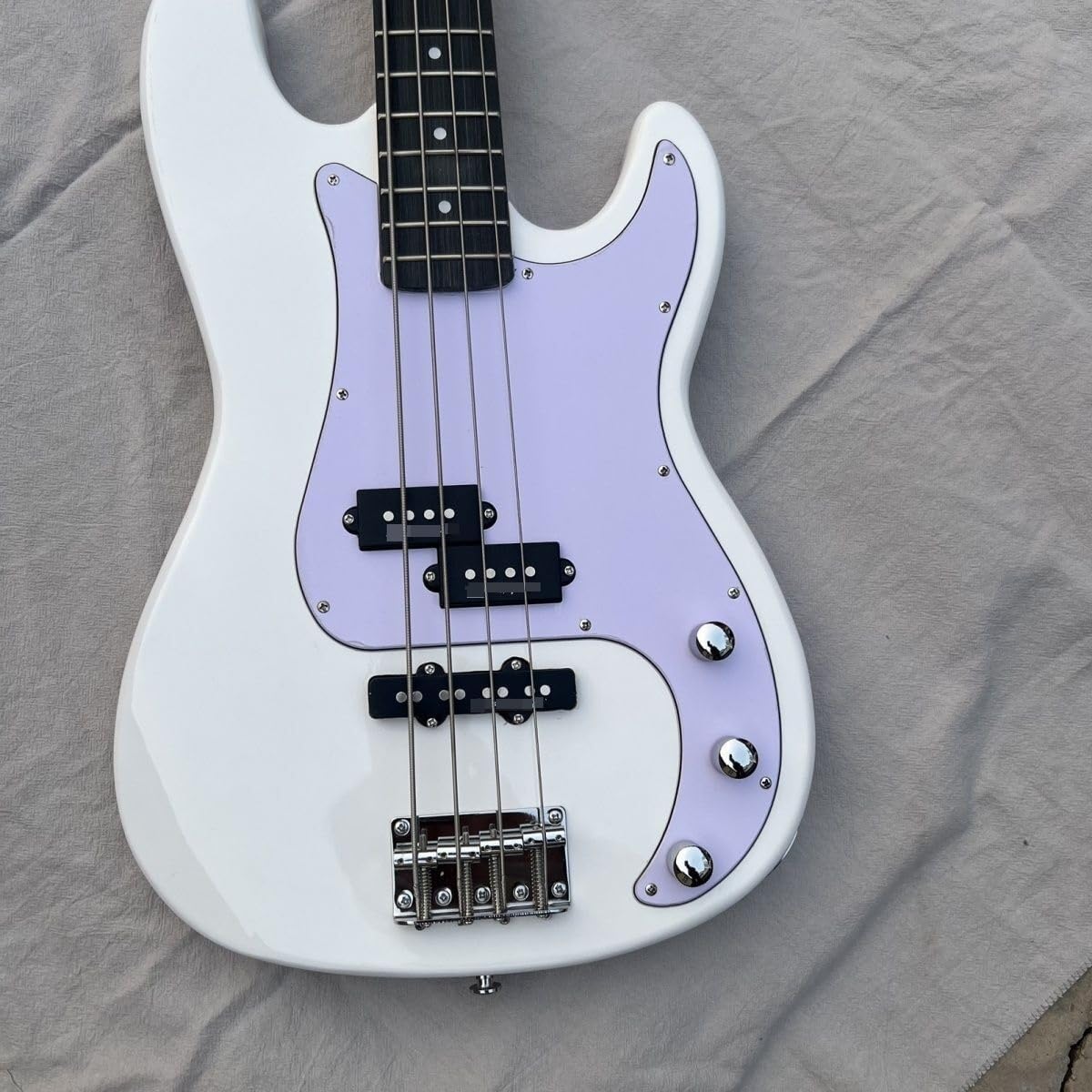 Electric Bass Guitar 4 String Full Size Pickups White Body with Lavender Pickguard for Beginners & Students