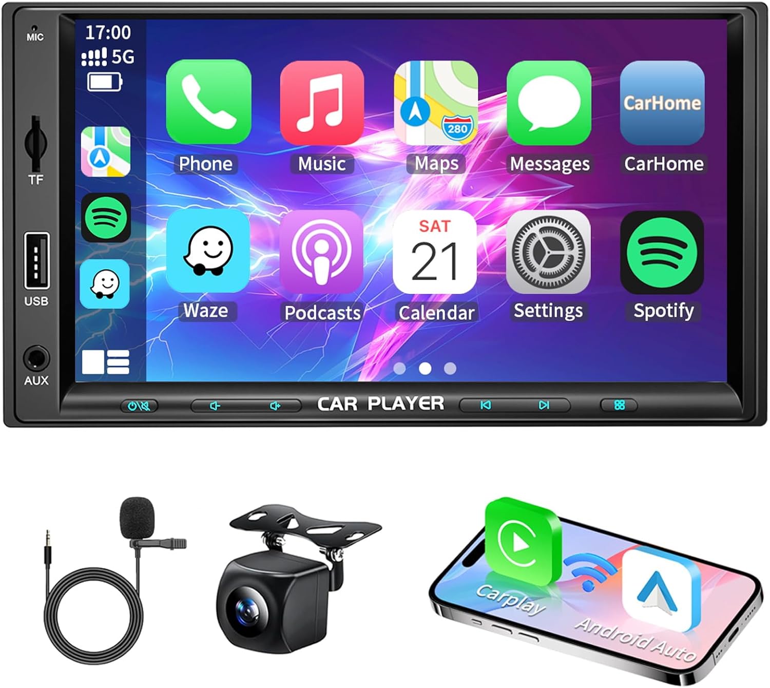 7 Inch Double Din Car Stereo with Wireless Apple Carplay & Android Auto Navi Radio Head Unit with Touch Screen Bluetooth AM/FM Receiver/Mirror Link/Backup Camera/TF/AUX/USB Input