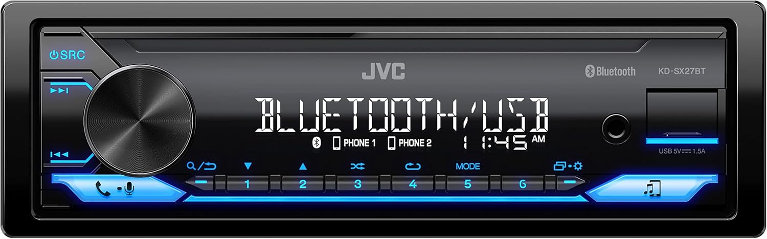 JVC KD-SX27BT Car Stereo with Bluetooth, 100W Digital Media Receiver, 1.5A USB to Charge Devices, Single DIN Head Unit, AM/FM, Aux-in, JVC Remote App (Renewed)