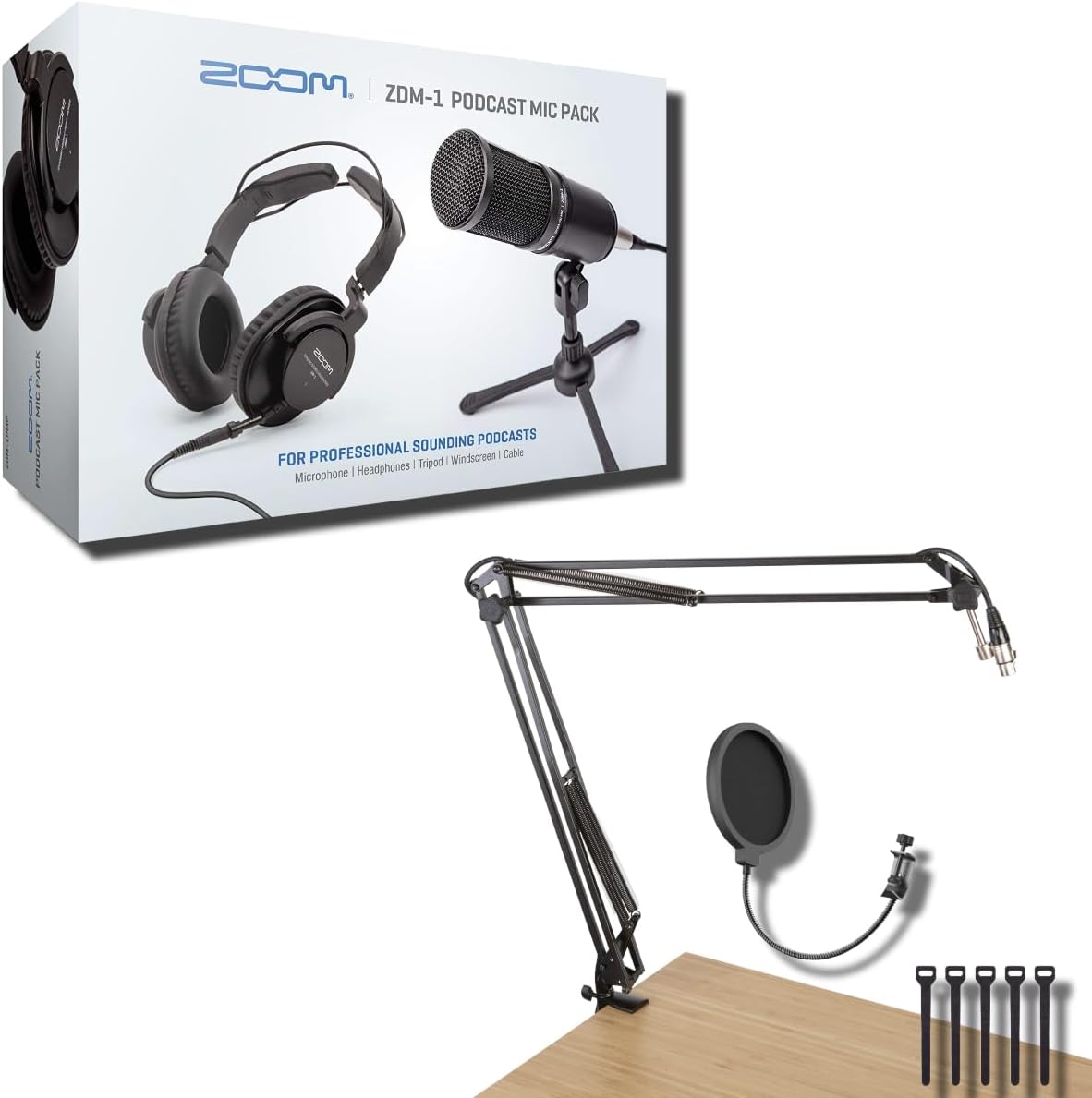 Zoom ZDM-1 Podcast Mic Pack with GFWMICBCBM1000 Microphone Boom Arm and Microphone Pop Filter