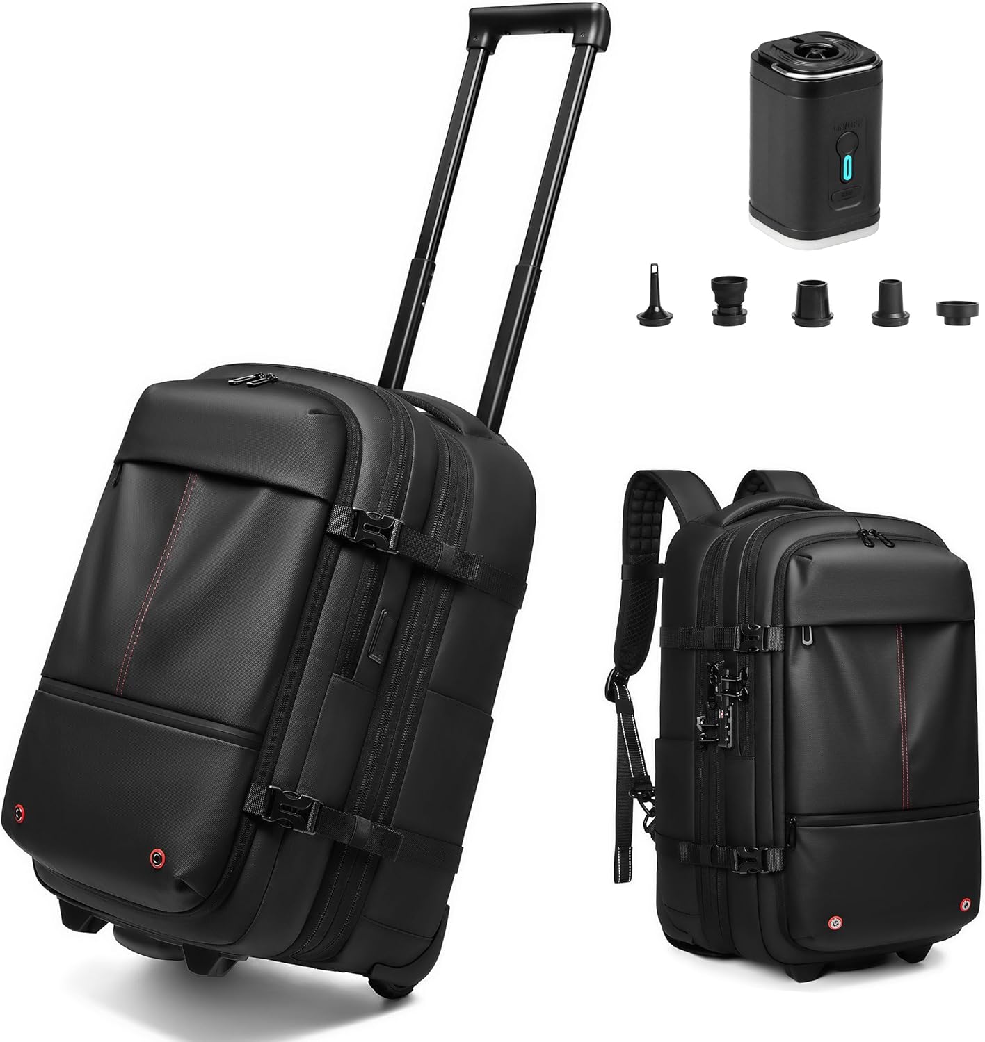 Fiordcase Vacuum Rolling Backpack with Vacuum System, Pump and Charging Port, Carry On Luggage with Vacuum Seal Bag, Wheels, TSA Lock, Travel Suitcase with Vacuum Compression Bag for 17