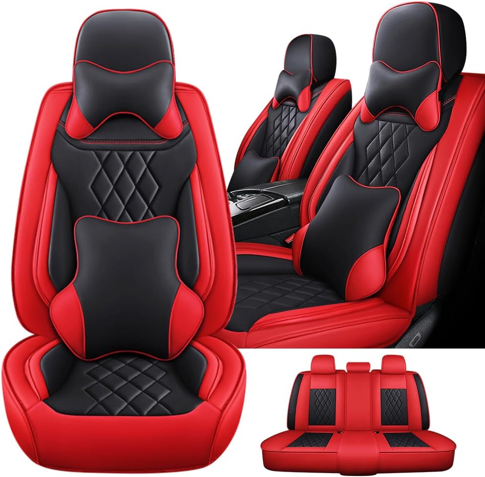 5 Seat Covers for Ford Fusion 2006-2020,Nappa Leather Car Seat Covers,Car Seat Cushions,Waterproof Soft Car Seat Covers,Airbag Compatible Interior Accessories(Deluxe,Black+Red)