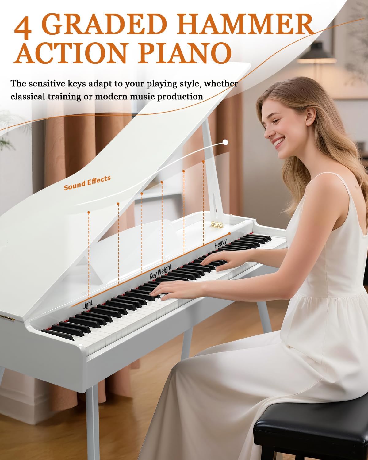 Ktaxon Grand Piano 88 Key Weighted Keyboard with High-Gloss Lacquer Finish, Streamlined Arched Body, Foldable Lid, Immersive 4-Speaker Sound, Bluetooth MIDI/Audio and Headphone jack (White)