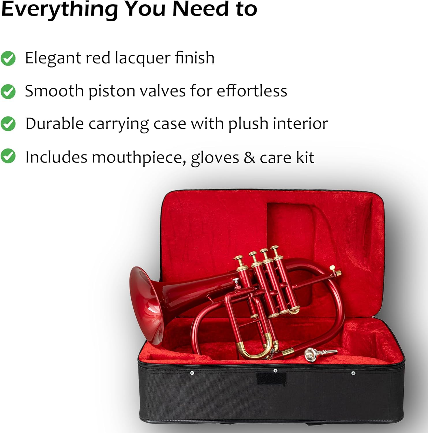 4-Valve Flugelhorn in Bb/F Pitch – Colored Finish with Mouthpiece & Case | Brass Flugel Horn for Jazz, Orchestras & Brass Bands, Red