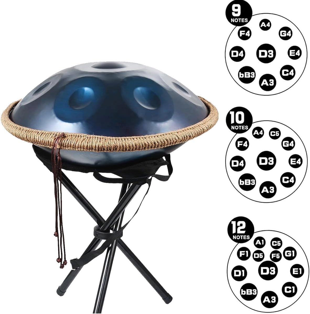 Steel Handpan D Minor Kurd 440Hz 432hz 9/10/12 Notes 22 Inch Handpan Drum Instrument Harmonic Percussion for Sound Healing, Personal Meditation, Yoga(Black,440HZ/12Note)