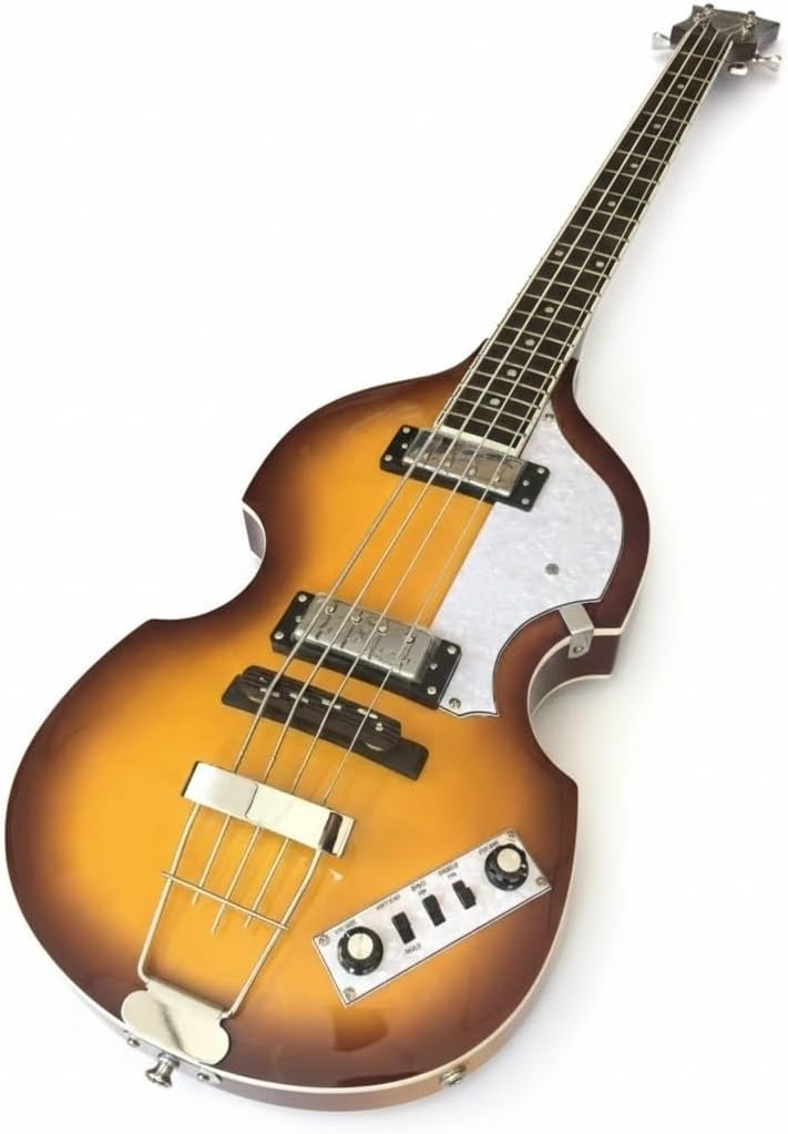 Violin Electric Bass Guitar 4 String 41 Inch Short Scale - Hollow Basswood Body with Flame Maple Appearance & Neck(Brown)