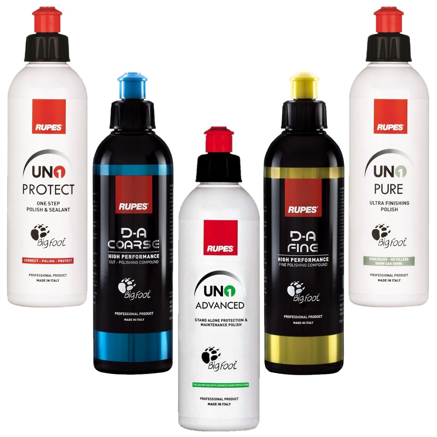 RUPES 5 Pack of High Performance Orbital Polishing Compounds - Includes 250 Milliliter Bottles of D-A Coarse, D-A Fine, UNO Protect, UNO Pure and Uno Advanced