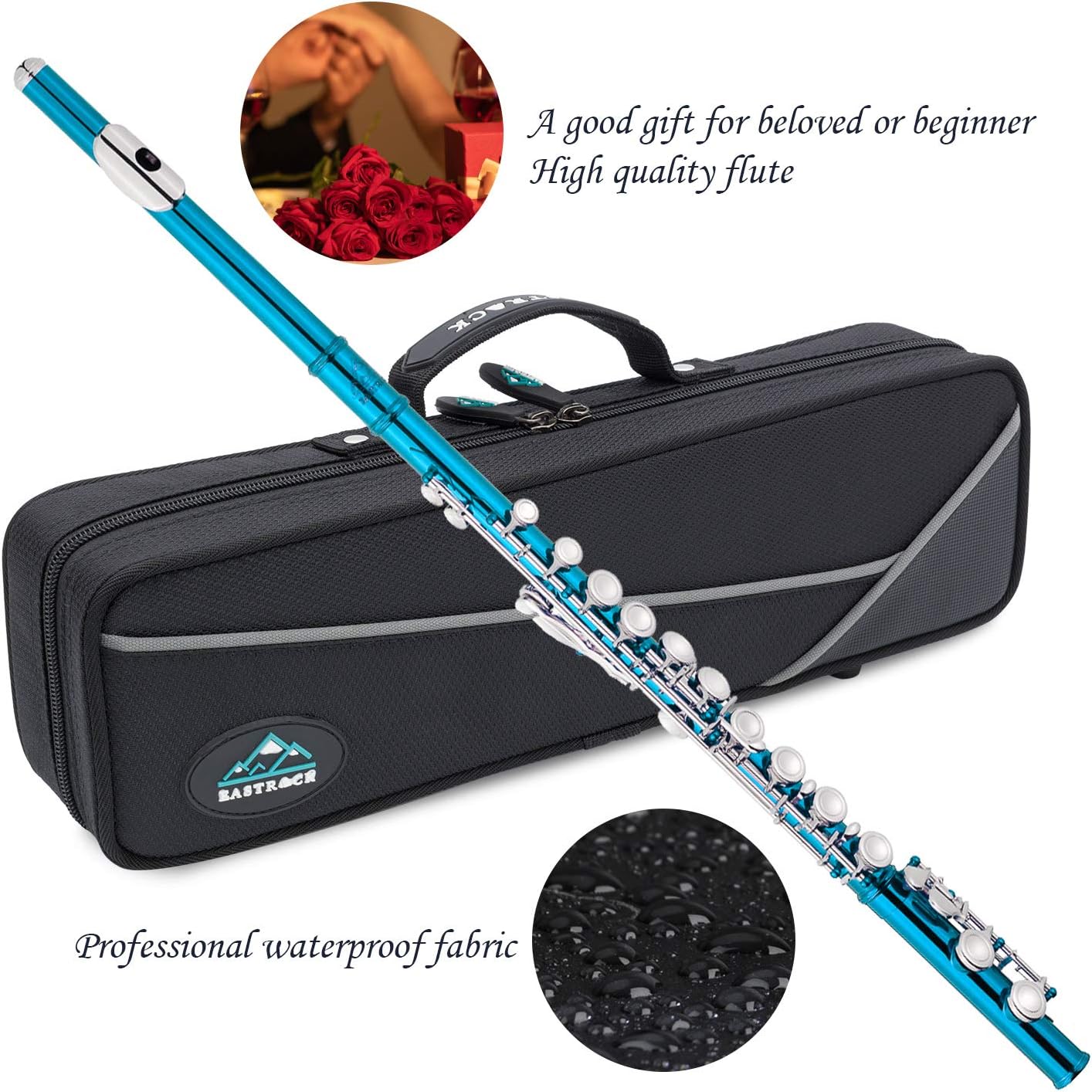 EastRock Closed Hole Flutes C 16 Key for Beginner, Kids, Student -Nickel Flute with Case Stand and Cleaning kit (Sea Blue)