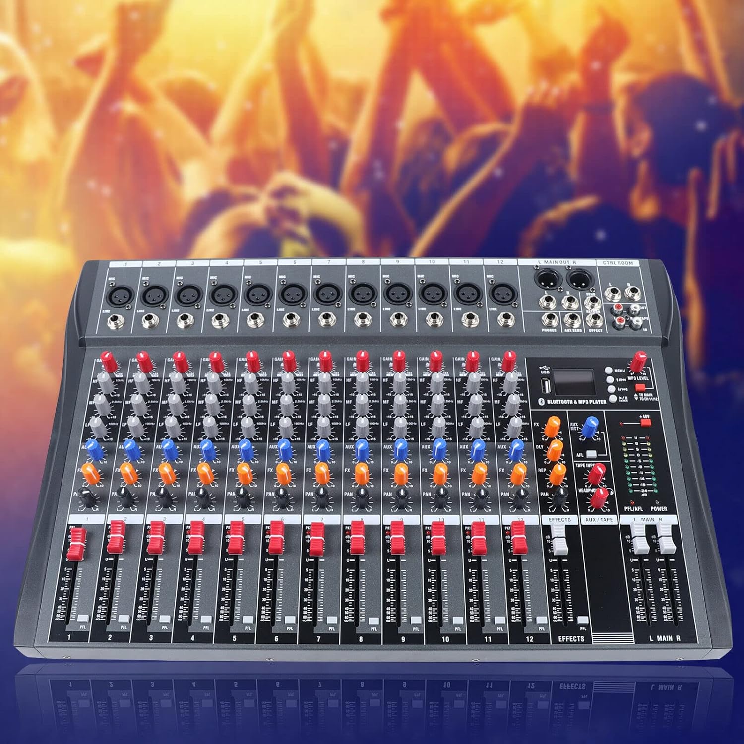 Professional Audio Mixer Sound Board Console,12 Channel Studio Audio Mixer,Bluetooth USB Live Studio Audio Mixing Power Mixing Amplifier Studio Audio DJ KTV Mixing Console USB Slot