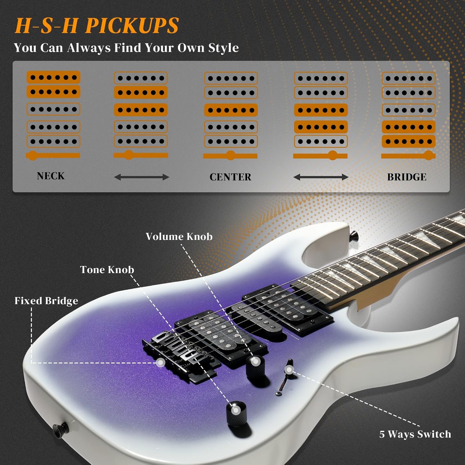 Ktaxon Full-Size Electric Guitar, Solid Body HSH Pickups 170 Guitars Beginner Kit with Gig Bag, Shoulder Strap, Tremolo Arm, Upgrade Cable, Capo All Accessories (Gradient Purple)