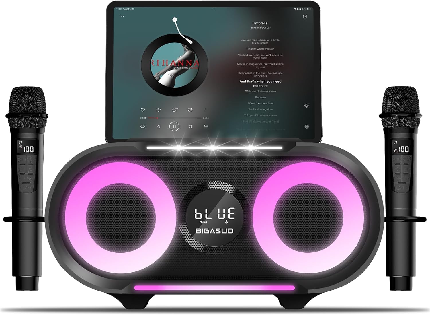 BIGASUO Karaoke Machine with Rich Deep Bass Explosive Flashing Lights for Adults Portable Bluetooth Singing PA Speaker System with 2 UHF Wireless Microphones for Home Party Wedding Outdoor