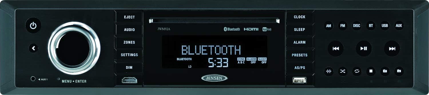 Jensen JWM92A 3-Speaker Zones Slimline Theater-Style DVD|USB|AUX|HDMI|App Ready Bluetooth Wallmount Stereo, Speaker Output 20X 8 Watt, Plays: CD/CD-R/CD-RW/DVD/DVD+R/DVD+RW/DVD-R/DVD-RW/MP3/WMA/JPEG