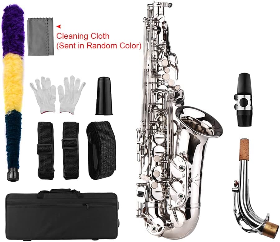 E Flat Alto Saxophone, Brass, Silver, Includes Mouthpiece, Cleaning Cloth, Brush, Gloves, Straps