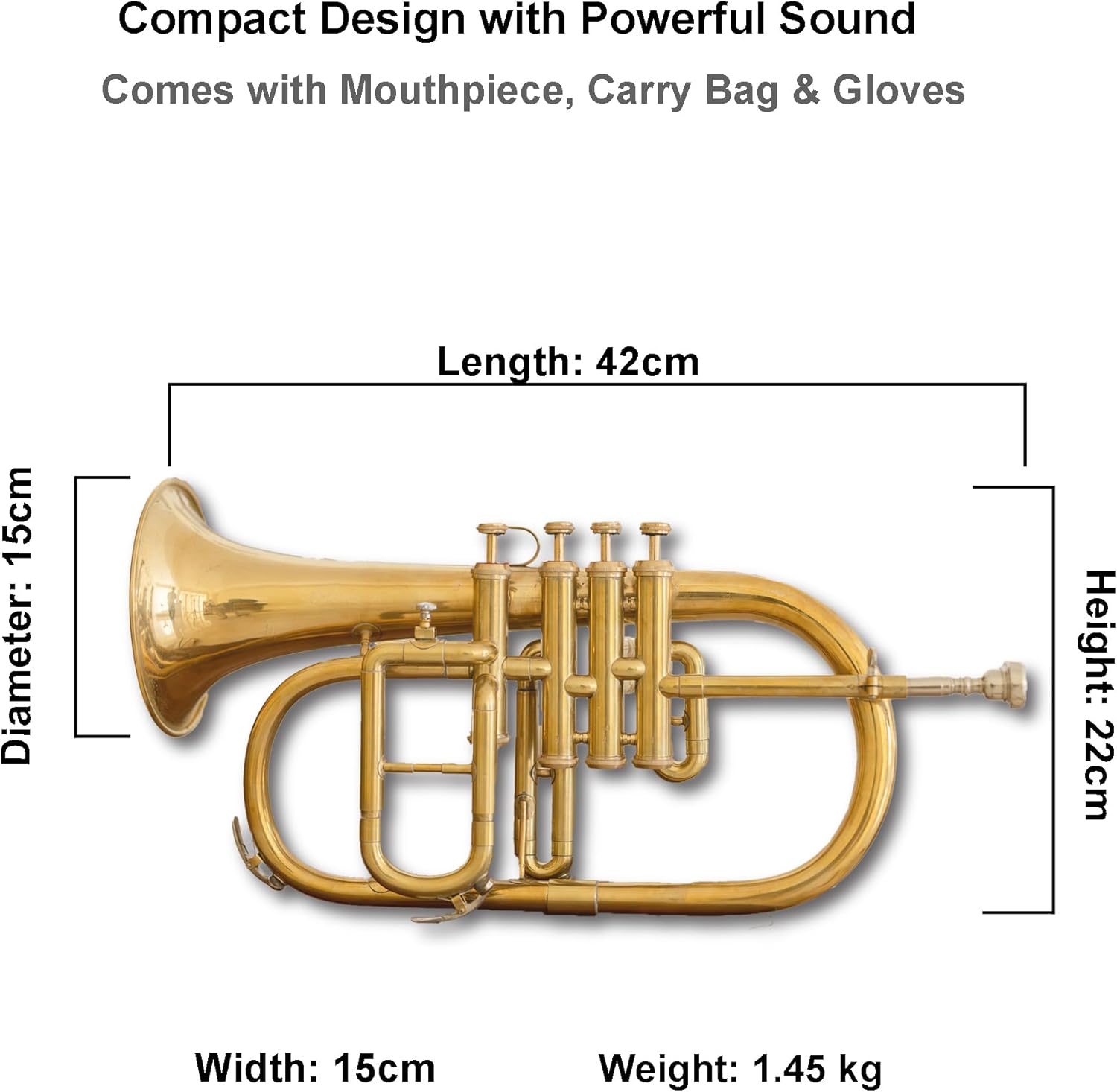 4-Valve Flugelhorn in Bb/F Pitch – Brass Flugel Horn with Mouthpiece & Case | Handcrafted for Jazz, Brass Bands & Orchestras, Gold
