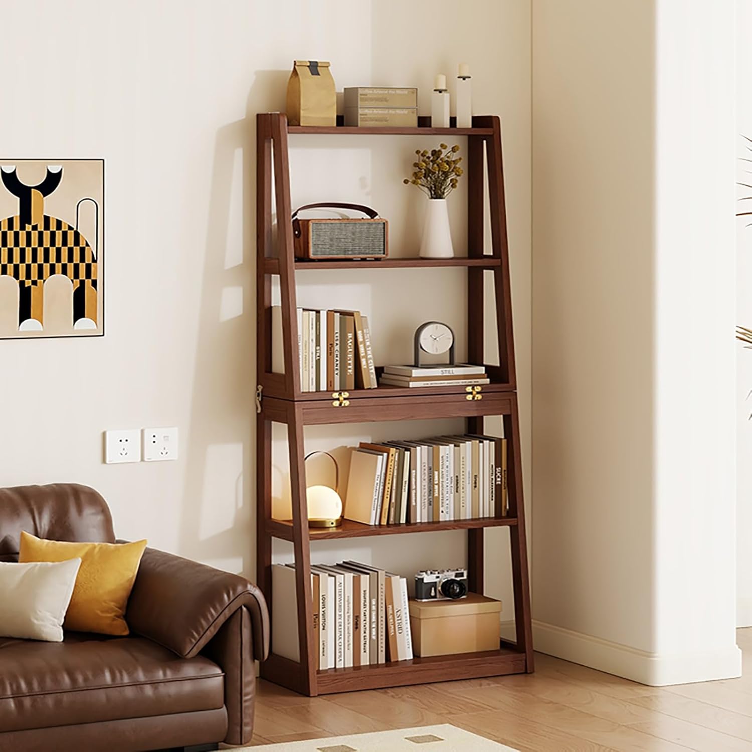 Bookcase with Foldable, Vertical Bookshelf, Modern Floor Standing Display Rack, Solid Wood Storage Organizer, for Home Office, Living Room, Bedroom(Brown)