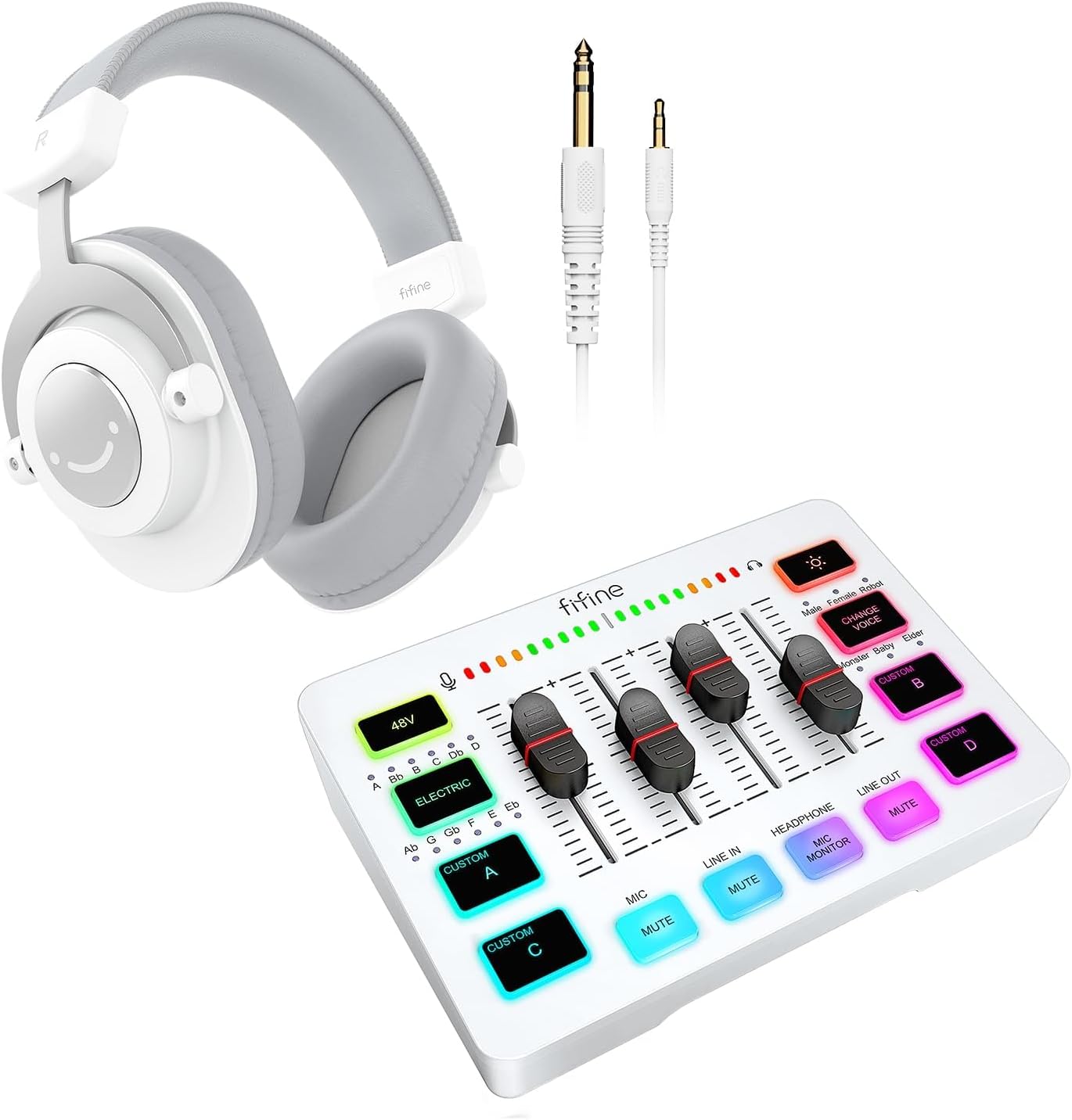 FIFINE Gaming Audio Mixer with Over-Ear Headphones Bundle, Recording Podcast Equipment Set with XLR/6.35MM Interface, Volume Control, Monitor Compatible with PC Instrument Amplifier (SC3+H8 White)