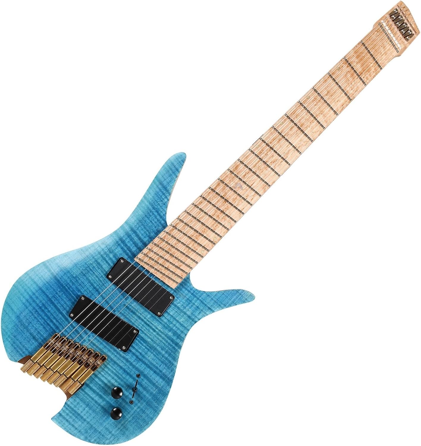 Headless Electric Guitar 8 String Fanned Frets Headless Electric Travel Guitar Ash Wood with Flame Maple Veneer