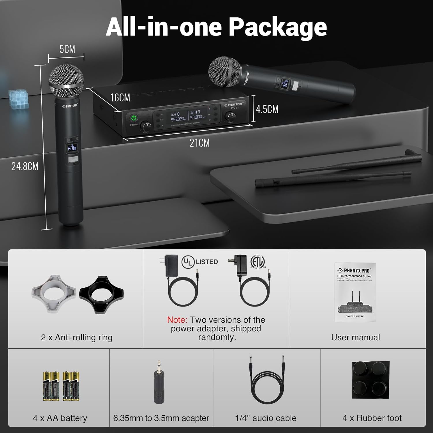 Phenyx Pro Wireless Microphone System, Dual Wireless Mics,w/ 2 Handhelds, Auto Scan,2x100 UHF Frequencies,328ft Range,Dynamic Microphone for Singing, Karaoke, Church(PTU-71-2H)