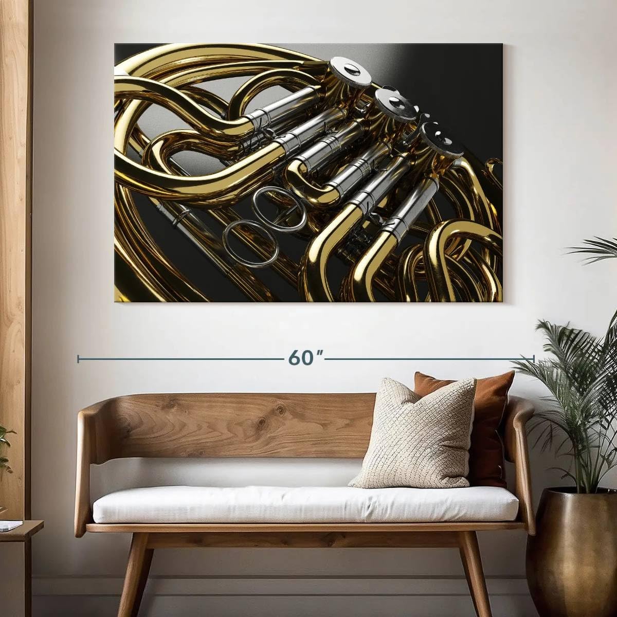 ElephantStock - Shiny French Horn Wall Art - Horizontal Canvas Wall Art - Living Room Wall Decor - Photography Music Canvas Art - Gray And Beige Decor - 51