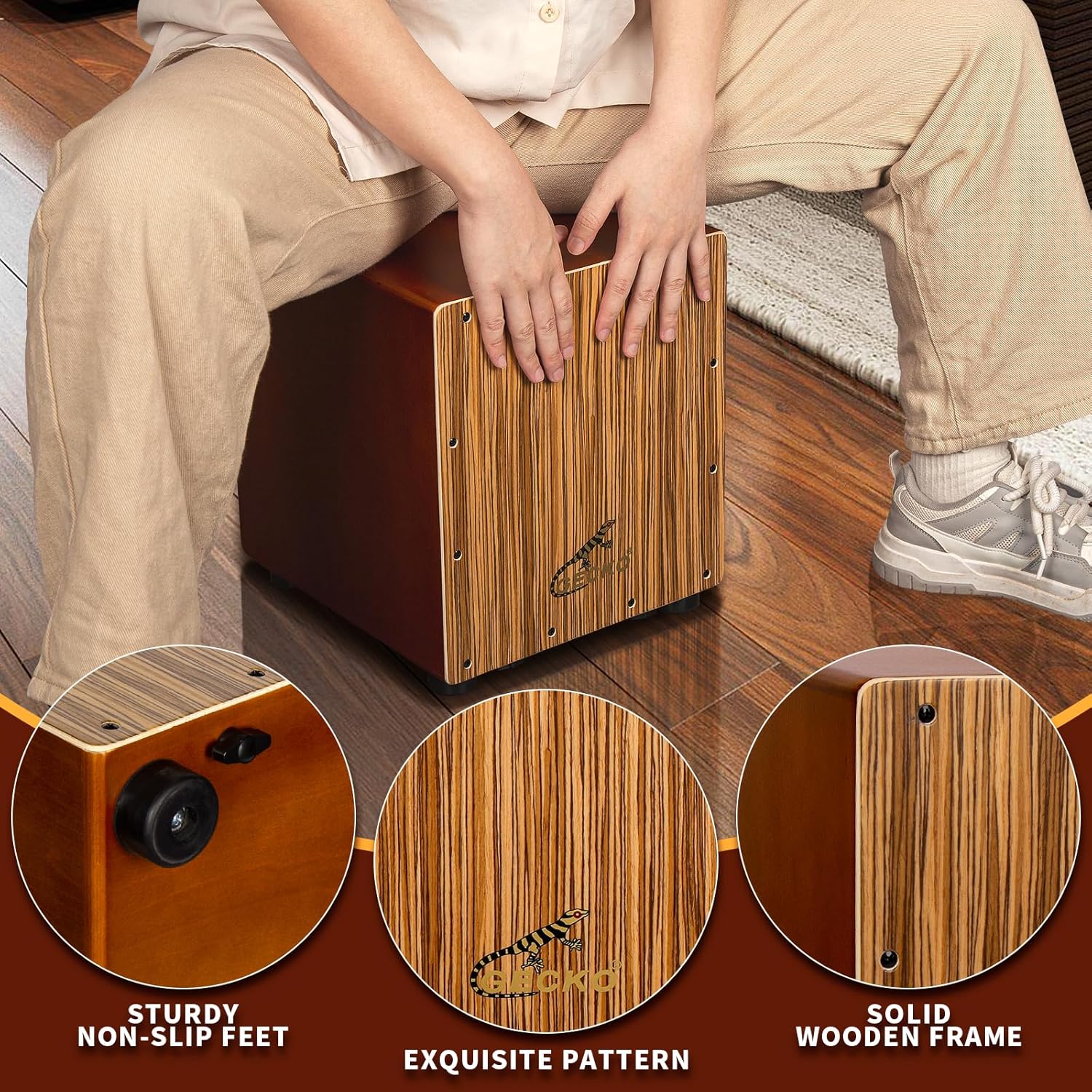 GECKO Cajon Drum Box with Tool-Free Adjustable Guitar Strings, Snare and Bass Tones | 12.6