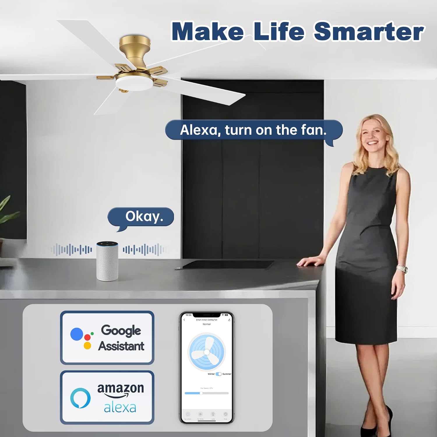 cumilo 52 inch Smart Ceiling Fan with Lights Remote,Quite DC Motor,WIFI Control via Alexa Voice,APP.Dimmable LED,Flush Mount Outdoor Indoor Ceiling Fans for Bedroom Patio Porch,Gold and White Black