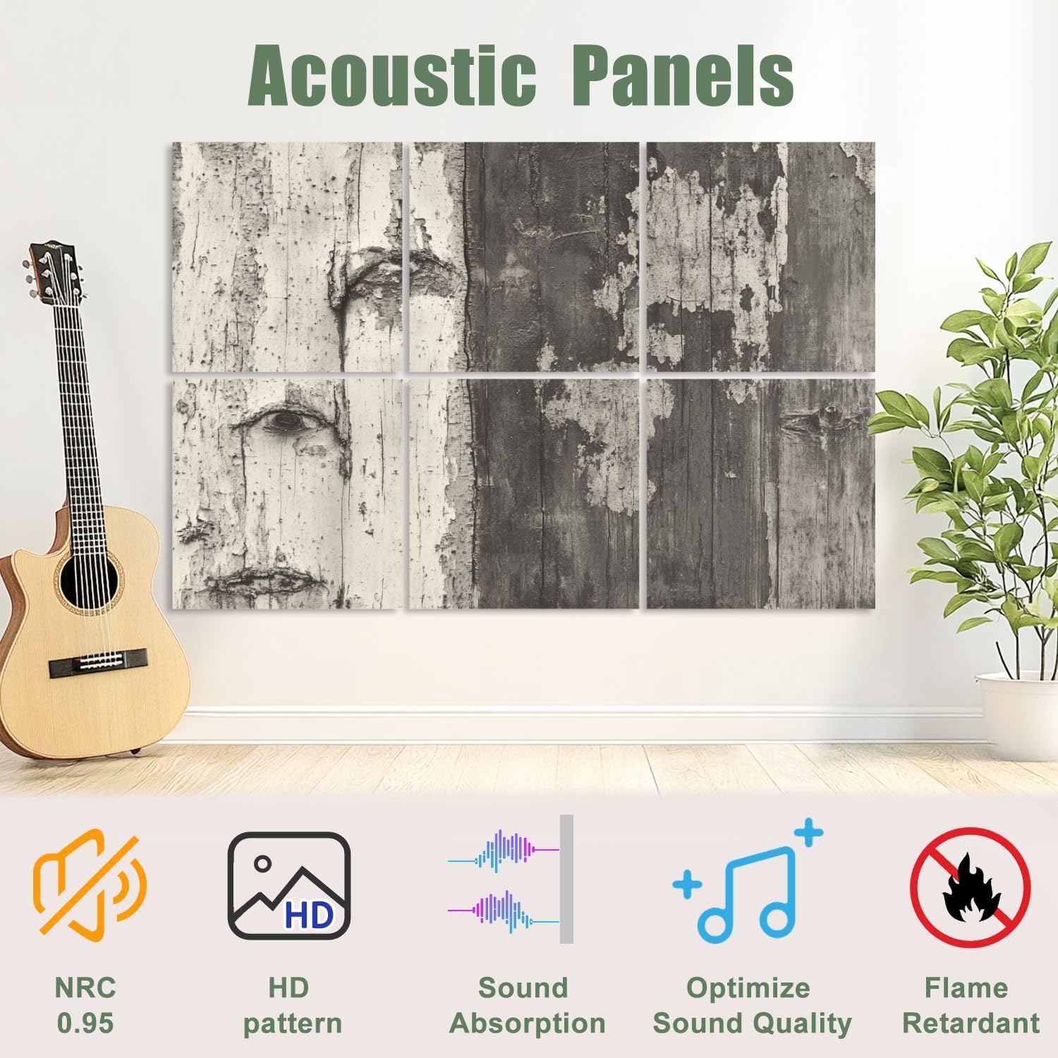 6 Pack Art Acoustic Panels Sound Absorbing Birch Tree Weathered Wood Human Face Peeling Paint Textural Organic Decorative Soundproof Wall Panels Self Adhesive for Recording Studios Office 72