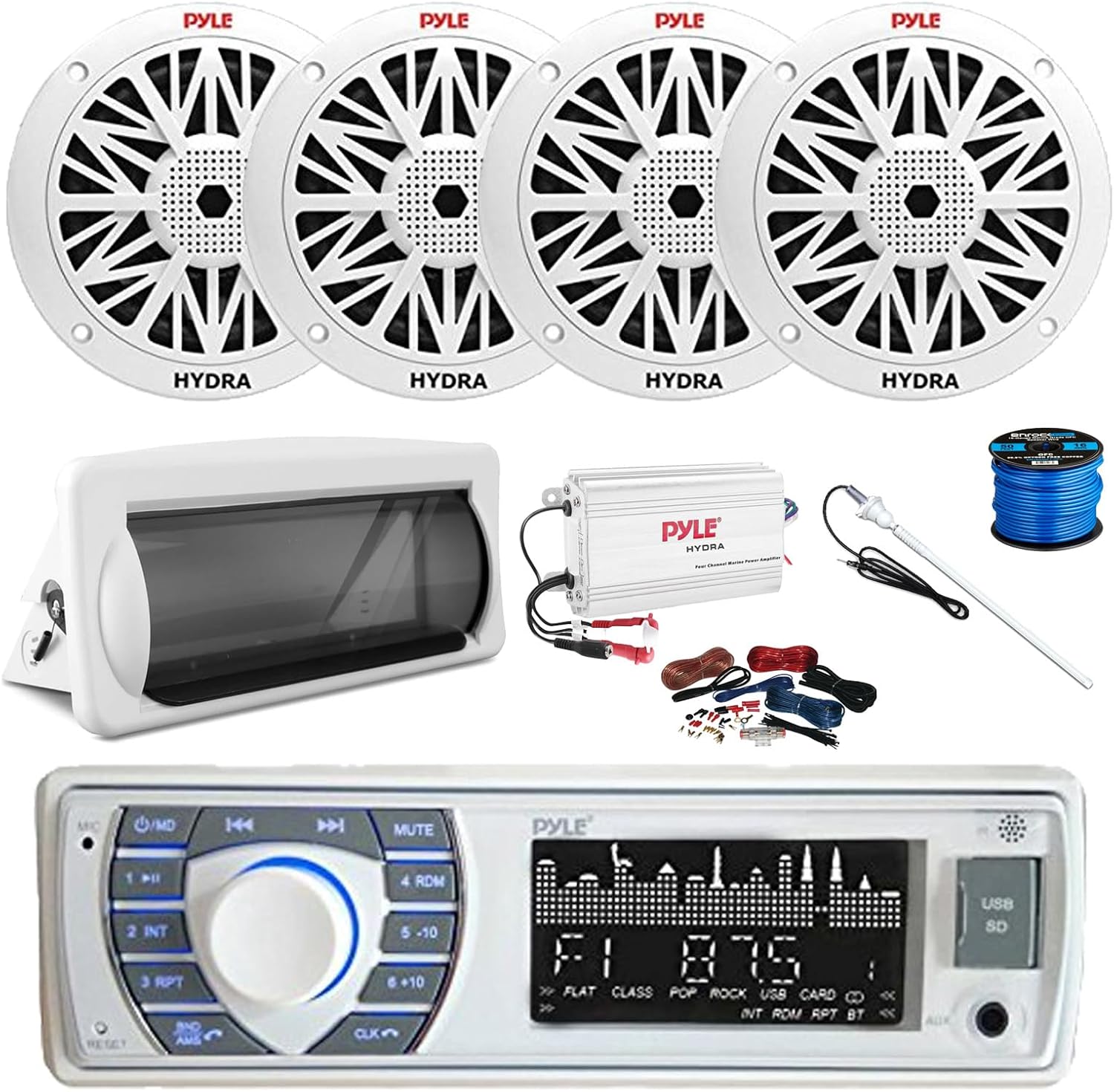 Pyle PLRMR23BTW Single DIN Bluetooth Marine MP3 AM/FM Stereo Receiver, Slide-Up Cover, 4-Channel Amplifier w/Kit, 4X 6.5 200 Watt Peak Full Range 2-Way Waterproof Speakers w/Wire, Long Range Antenna