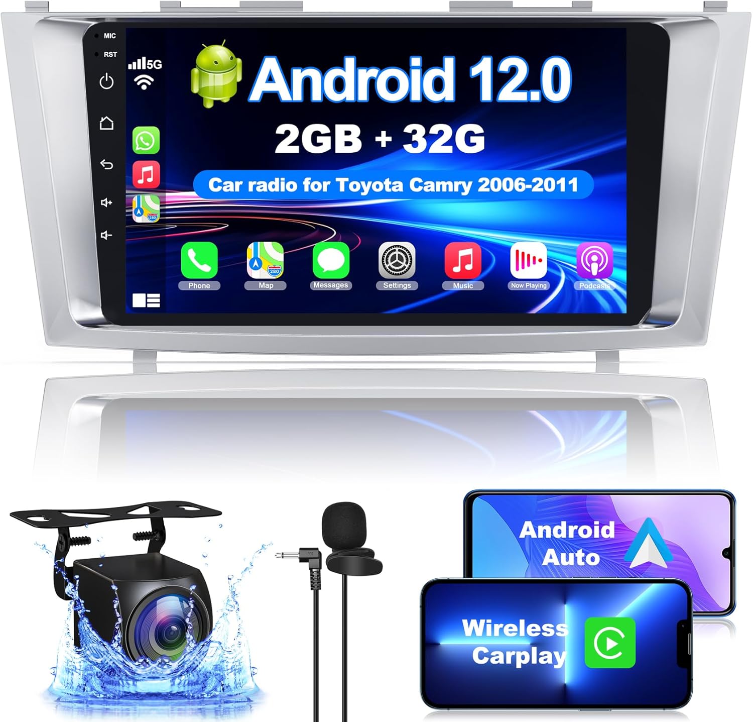 Android 12 Car Radio for Camry 2006-2011, 9 Inch Head Unit Car Stereo with IPS HD Touch Screen, Wireless CarPlay, Android Auto, GPS, WiFi, Backup Camera, SWC, Bluetooth 5.2, 2+32GB Toyota Camry Radio