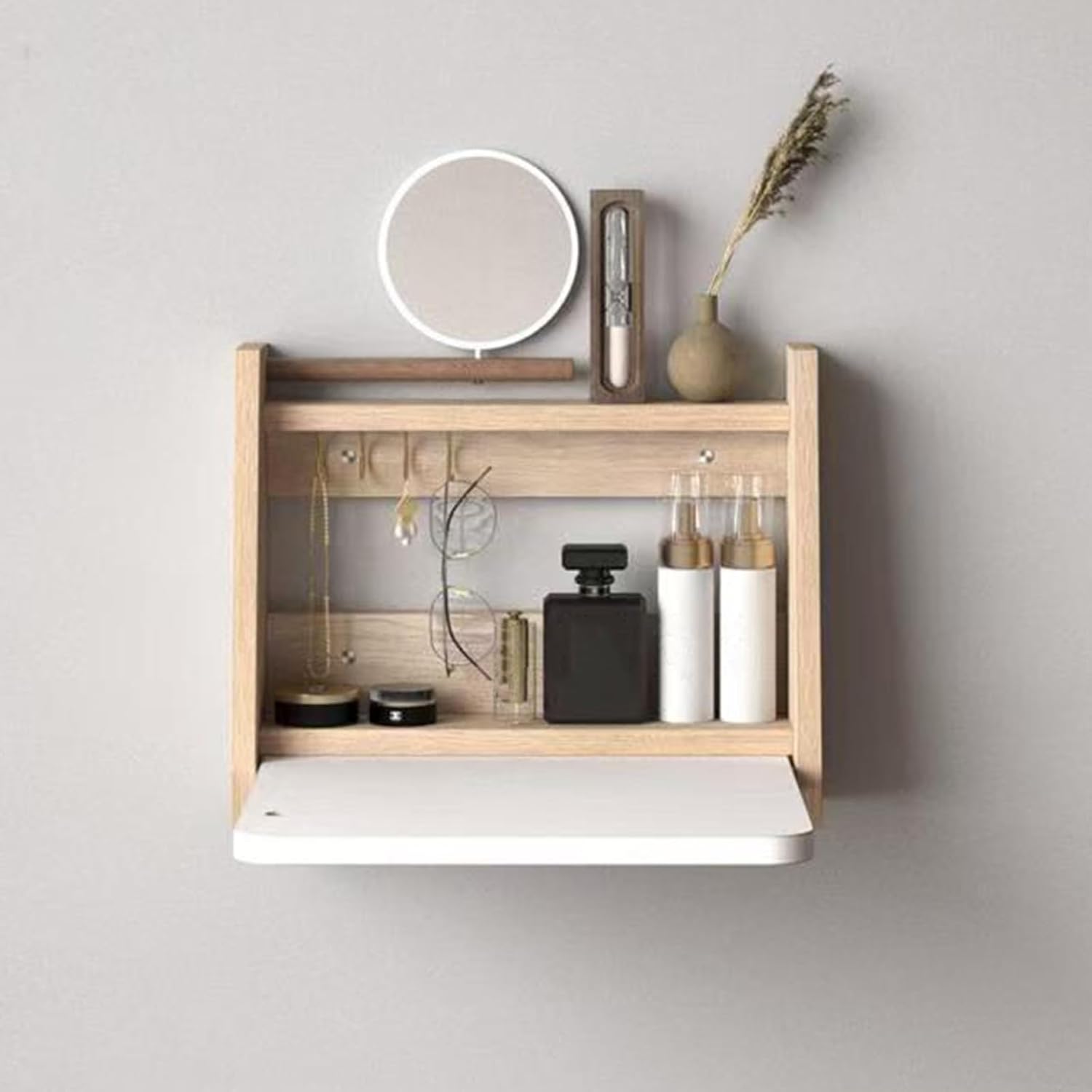 JHDXL Floating Vanity Desk, Small Wood Vanity Desk with Mirror, Floating Makeup Vanity for Wall, Fold Down Wall Mount Hairdressing Desk, for Bedroom(Yellow 2,40cm/15.7in)