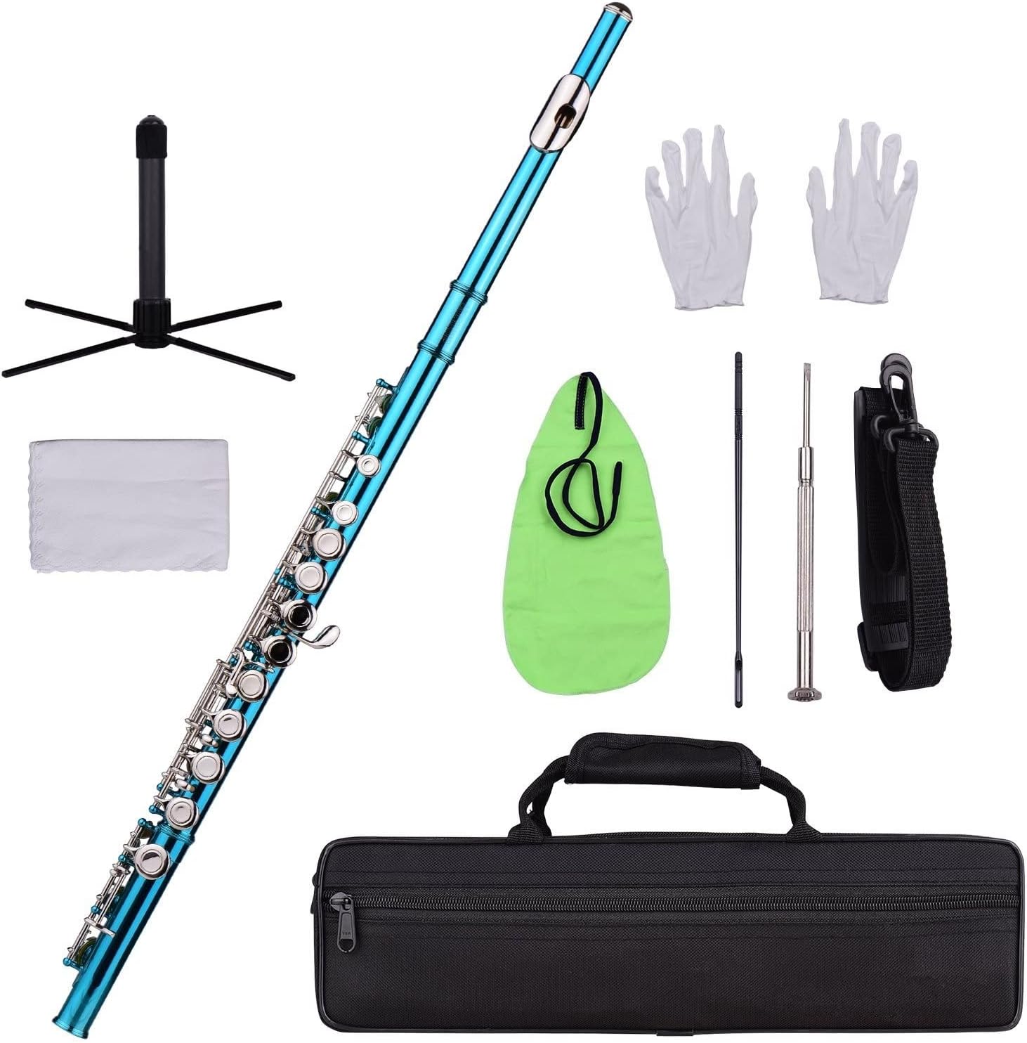 Flute Musical Instrument Closed Hole C Flute 16 Keys Cupronickel Nickel-Plated Wind Instrument with Carry Case Flute Stand Gloves Cleaning Cloth Starter Flute (Color : Blue Green)