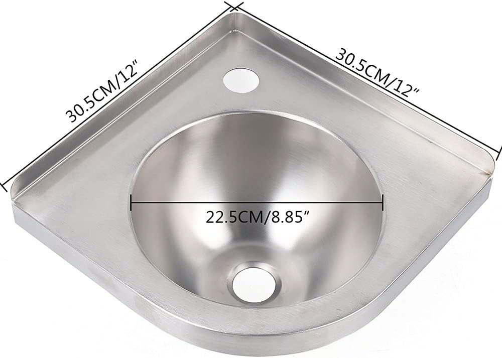 Wall Mount Corner Sink, Triangular Stainless Steel Sink with Faucet Easy to Install Bathroom Vanity Vessel Sink for RV, Home